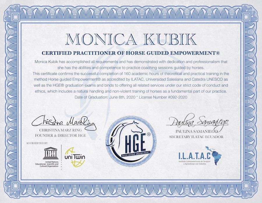 Monica Kubik Horse guided Empowerment certificate